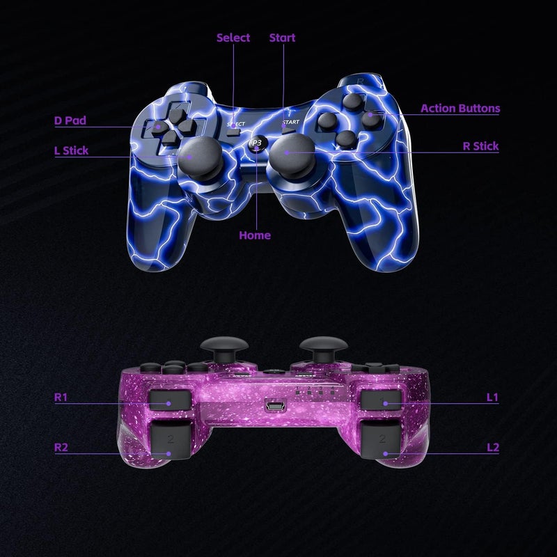 Burcica Wireless Controller for PS-3 Motion Sense Double Vibration Upgraded Gaming Remote for Play 3 with Charging Cord (Blue+Purple) - Image 5